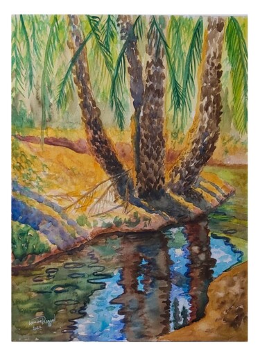 Painting titled "" oasis "" by Lamine Reggad, Original Artwork, Watercolor