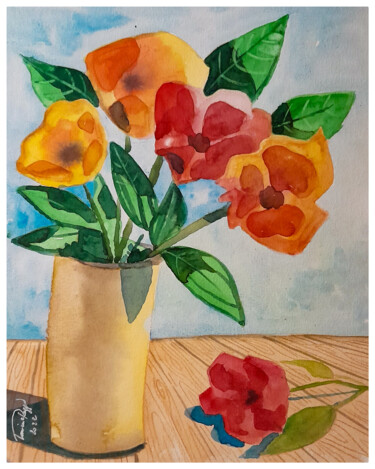 Peinture intitulée ""Fleurs éternelles"" par Lamine Reggad, Œuvre d'art originale, Aquarelle
