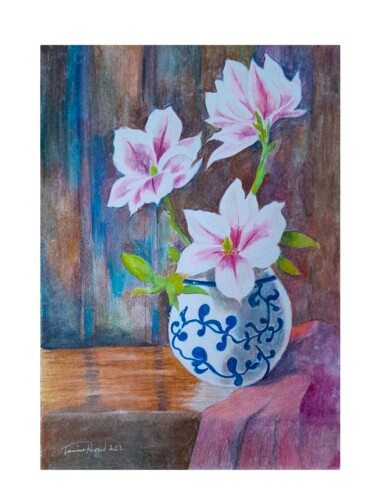 Рисунок под названием ""Vase fleuri 2 "" - Lamine Reggad, Подлинное произведение искусства, Карандаш