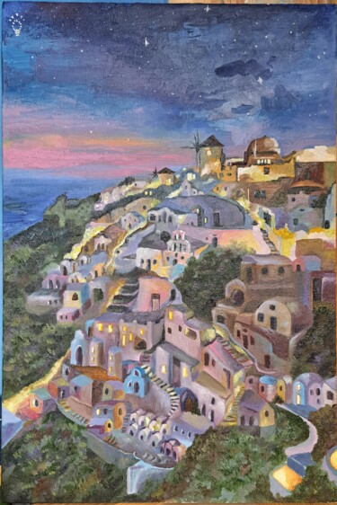 Картина под названием "Сказочный Санторини" - Lamp May, Подлинное произведение искусства, Масло Установлен на картон