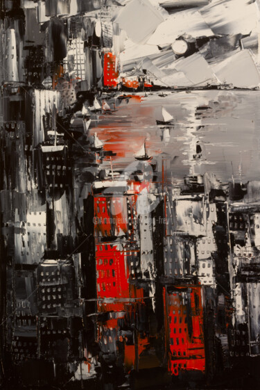 Painting titled "Countour of the city" by Lana Frey, Original Artwork, Oil Mounted on Wood Stretcher frame