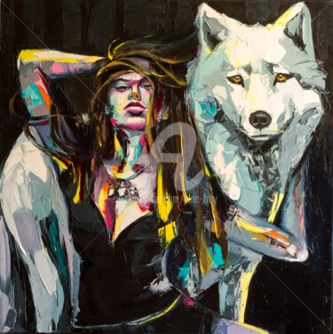 Painting titled "Dancing with wolves" by Lana Frey, Original Artwork, Oil