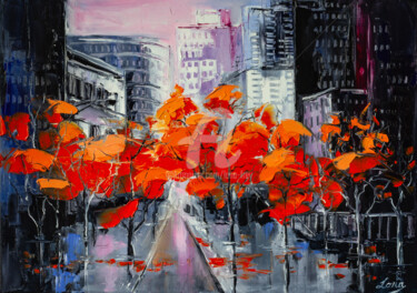 Картина под названием "A city in foxy clot…" - Lana Frey, Подлинное произведение искусства, Масло Установлен на Деревянная р…