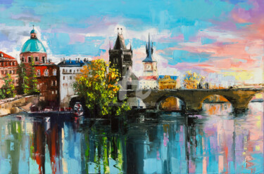 Painting titled "Evening on the brid…" by Lana Frey, Original Artwork, Oil Mounted on Wood Stretcher frame