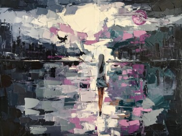 Schilderij getiteld "Elegy in lilac shad…" door Lana Frey, Origineel Kunstwerk, Olie Gemonteerd op Frame voor houten brancard