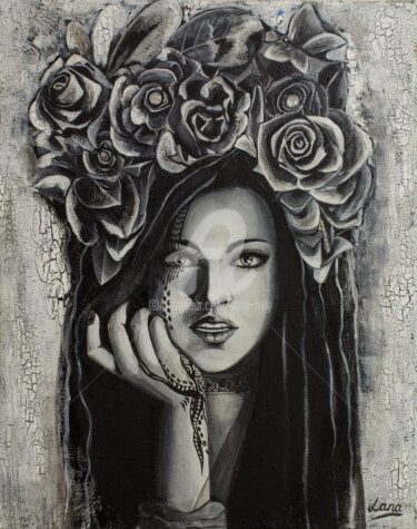 Painting titled "Tell me more" by Lana Frey, Original Artwork, Acrylic Mounted on Wood Stretcher frame
