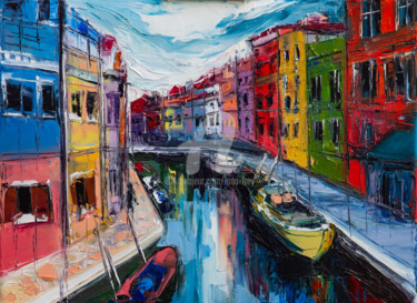 Painting titled "Burano" by Lana Frey, Original Artwork, Oil Mounted on Wood Stretcher frame