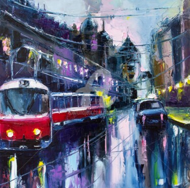Painting titled "One day in rainy Pr…" by Lana Frey, Original Artwork, Oil Mounted on Wood Stretcher frame