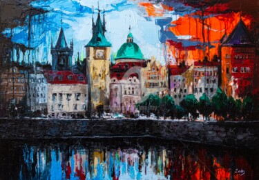 Schilderij getiteld "Prague. Old Town's…" door Lana Frey, Origineel Kunstwerk, Acryl Gemonteerd op Frame voor houten brancard