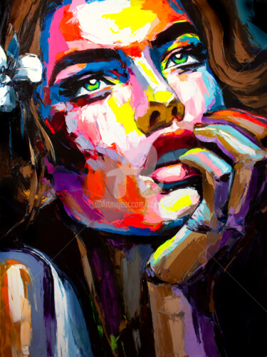 Colorful abstract portrait women on canvas Beautiful girl acrylic painting Multicolored vivid canvas Red painting woman morning coffee