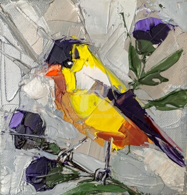 Painting titled "American goldfinch" by Lana Frey, Original Artwork, Oil Mounted on Wood Stretcher frame