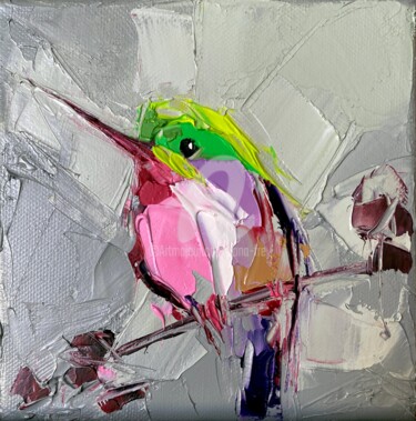 Painting titled "Pink robin" by Lana Frey, Original Artwork, Oil Mounted on Wood Stretcher frame