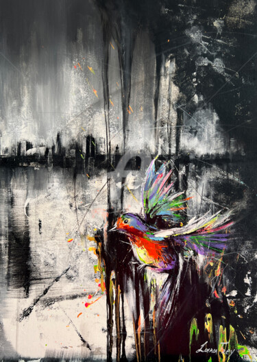 Malarstwo zatytułowany „Black bird flashing…” autorstwa Lana Frey, Oryginalna praca, Akryl Zamontowany na Drewniana rama nos…