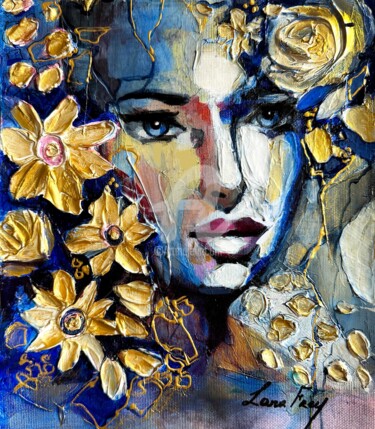 Painting titled "Golden Petals" by Lana Frey, Original Artwork, Acrylic