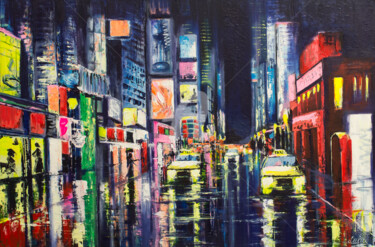 Painting titled "City Reflections" by Lana Frey, Original Artwork, Acrylic Mounted on Wood Stretcher frame