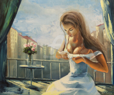 Pittura intitolato "Girl on a balcony" da Lana Frey, Opera d'arte originale, Olio