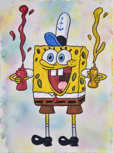 Painting titled "Sponge Bob with ket…" by Lana Graule, Original Artwork, Acrylic