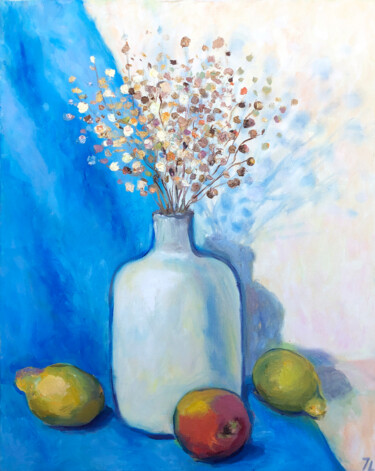 Картина под названием "Still life with blu…" - Lana Krainova, Подлинное произведение искусства, Масло Установлен на Деревянн…