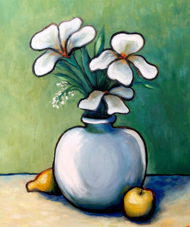 Painting titled "Still life with whi…" by Lana Krainova, Original Artwork, Oil Mounted on Wood Stretcher frame