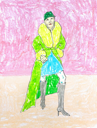 Zeichnungen mit dem Titel "Green coat" von Lana Krainova, Original-Kunstwerk, Pastell