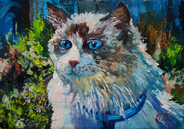 Malerei mit dem Titel ""White cat"" von Lana Light S., Original-Kunstwerk, Öl