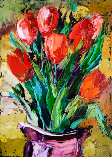 Painting titled "Bright tulips" by Lana Light S., Original Artwork, Oil