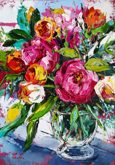 Картина под названием "“Peonies. Colorful…" - Lana Light S., Подлинное произведение искусства, Масло