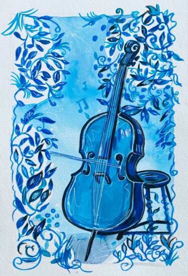 Disegno intitolato "Сello drawing blue" da Lana Mur, Opera d'arte originale, Acquarello