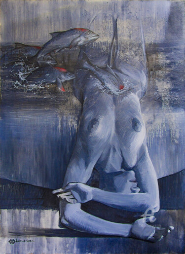 Schilderij getiteld "SALMON" door Lana Okoneshnikova, Origineel Kunstwerk, Olie