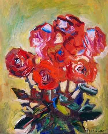 Painting titled "Red roses" by Lana Pochikian, Original Artwork, Oil