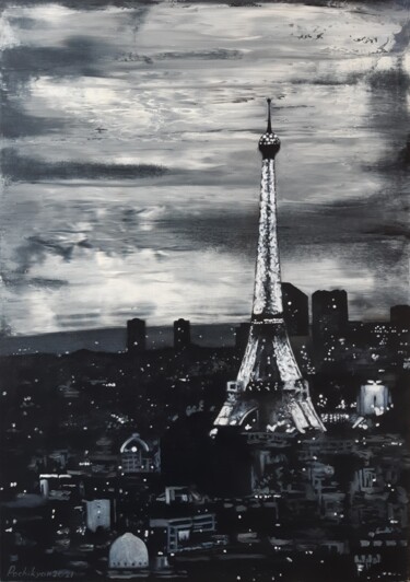 Painting titled "Paris at night" by Lana Pochikian, Original Artwork, Oil Mounted on Wood Stretcher frame