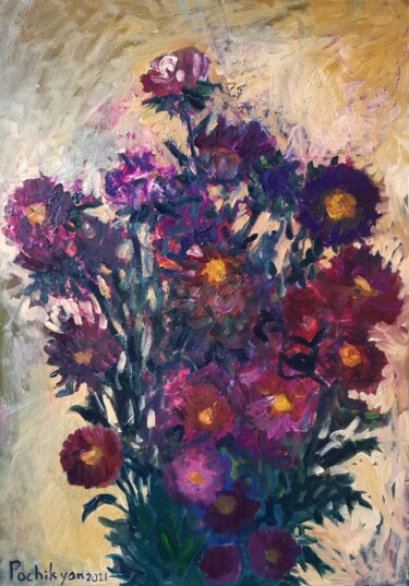 Painting titled "Flowers" by Lana Pochikian, Original Artwork, Oil Mounted on Wood Stretcher frame