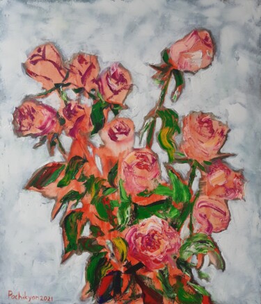 Painting titled "Pink roses" by Lana Pochikian, Original Artwork, Oil Mounted on Wood Stretcher frame