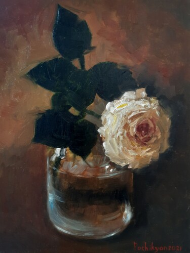 Painting titled "White rose" by Lana Pochikian, Original Artwork, Oil Mounted on Wood Stretcher frame