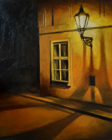 Painting titled "Night street" by Lana Pochikian, Original Artwork, Oil Mounted on Wood Stretcher frame