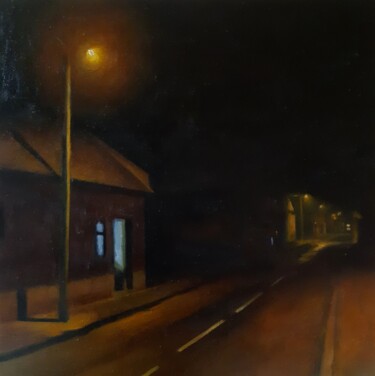 Painting titled "Night street2" by Lana Pochikian, Original Artwork, Oil Mounted on Wood Stretcher frame