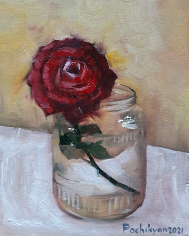 Painting titled "Red rose" by Lana Pochikian, Original Artwork, Oil