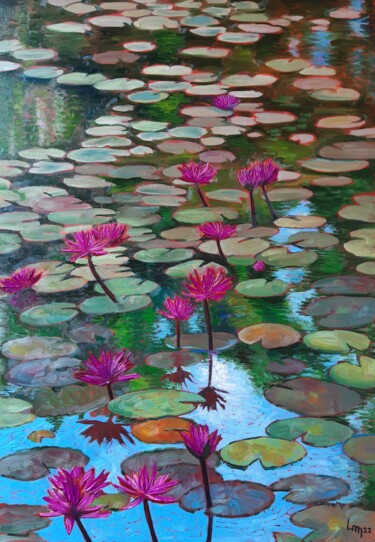 Painting titled "Water lilies" by Lana Pochikian, Original Artwork, Oil