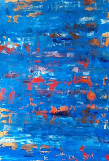 Painting titled "Blue abstraction" by Lana Pochikian, Original Artwork, Oil Mounted on Cardboard