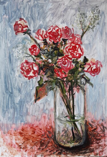 Painting titled "Roses in vase" by Lana Pochikian, Original Artwork, Oil Mounted on Cardboard