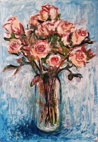 Painting titled "Pink roses2" by Lana Pochikian, Original Artwork, Oil Mounted on Cardboard