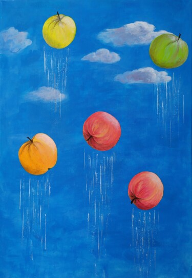 Painting titled "Apples fall into th…" by Lana Vereshchagina, Original Artwork, Acrylic Mounted on Wood Stretcher frame
