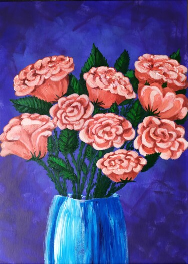 Schilderij getiteld "Roses in a blue vase" door Lana Vereshchagina, Origineel Kunstwerk, Acryl