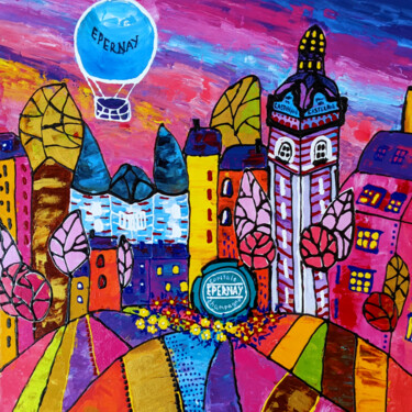 Painting titled ""Epernay", Ville d'…" by Elena Lanceleux, Original Artwork, Acrylic