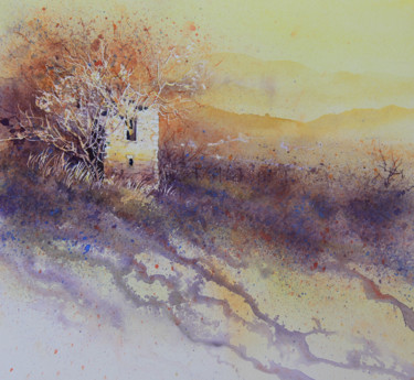 Painting titled "Le cabanon et les a…" by Stéphane Langeron, Original Artwork, Watercolor