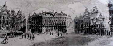 Gravures & estampes intitulée "Gd Place de Bruxell…" par René Lannoy, Œuvre d'art originale, Eau-forte