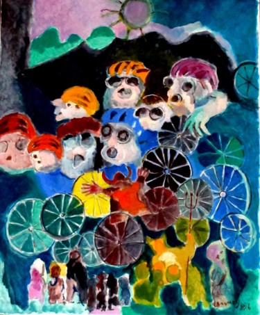 Painting titled "Les cyclistes 76x60…" by René Lannoy, Original Artwork, Oil