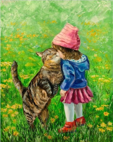 Pintura titulada "Девочка с кошкой. Я…" por Svetlana Lanovenko, Obra de arte original, Oleo