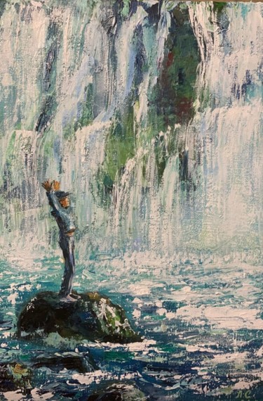 Malarstwo zatytułowany „Man at the waterfall” autorstwa Светлана Лановенко, Oryginalna praca, Olej