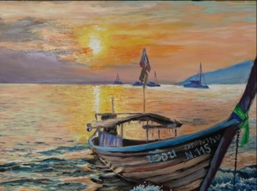 Schilderij getiteld "Sea, boat, sunset.…" door Svetlana Lanovenko, Origineel Kunstwerk, Olie